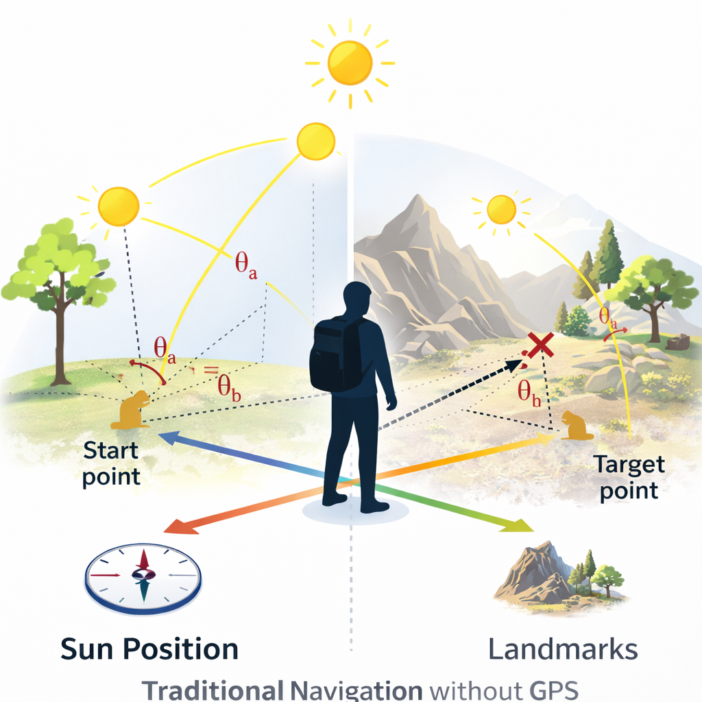 infographic showing human navigation methods using sun position and landmarks
