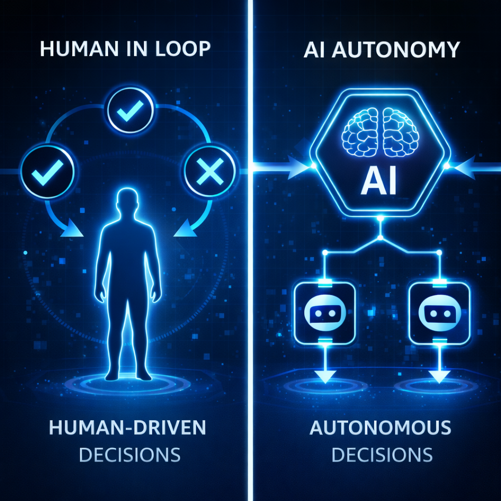 infographic illustrating human-in-the-loop vs autonomous AI decision systems
