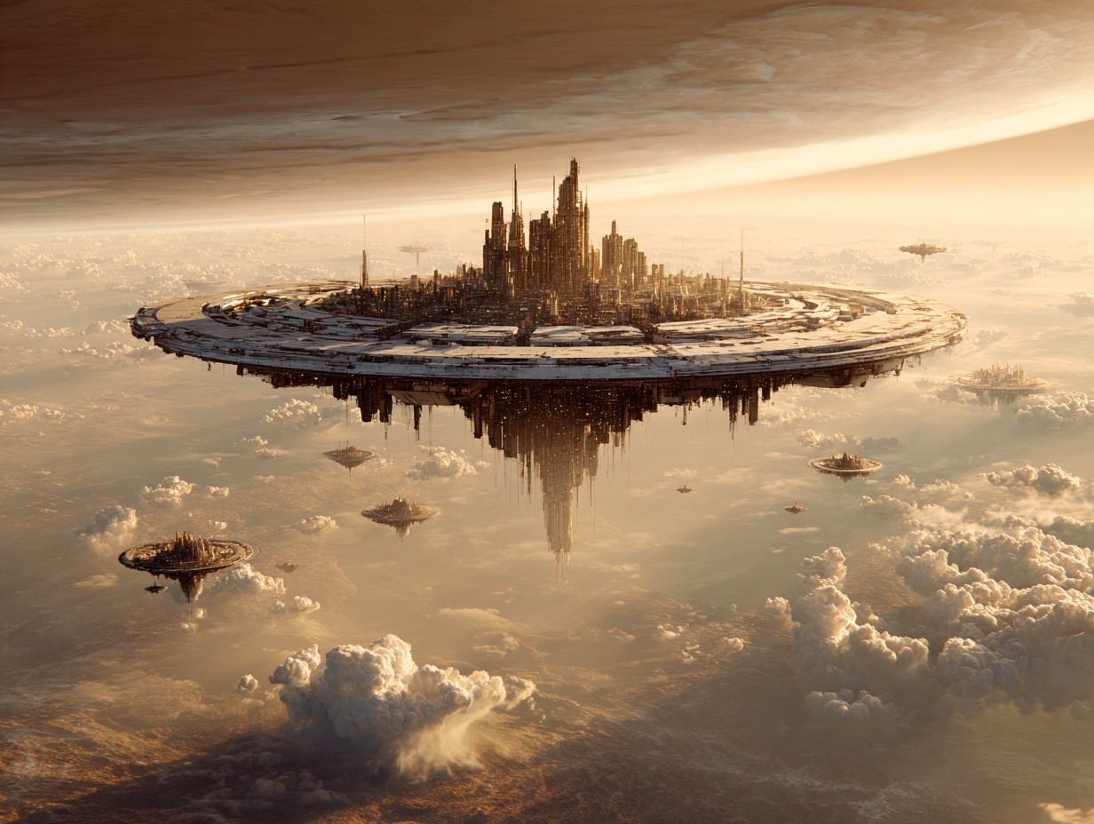 futuristic floating cloud city in Venus atmosphere with advanced structures
