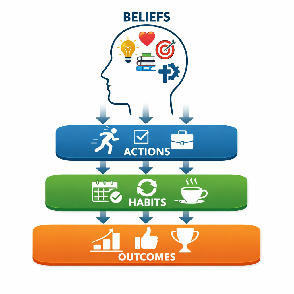 infographic showing connection between beliefs and actions, illustrating how mindset drives behavior
