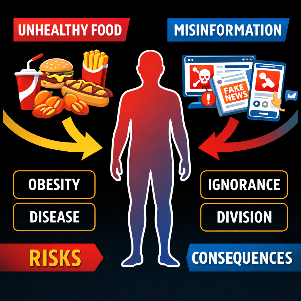 infographic illustrating modern health risks, including poor diet and misinformation exposure

