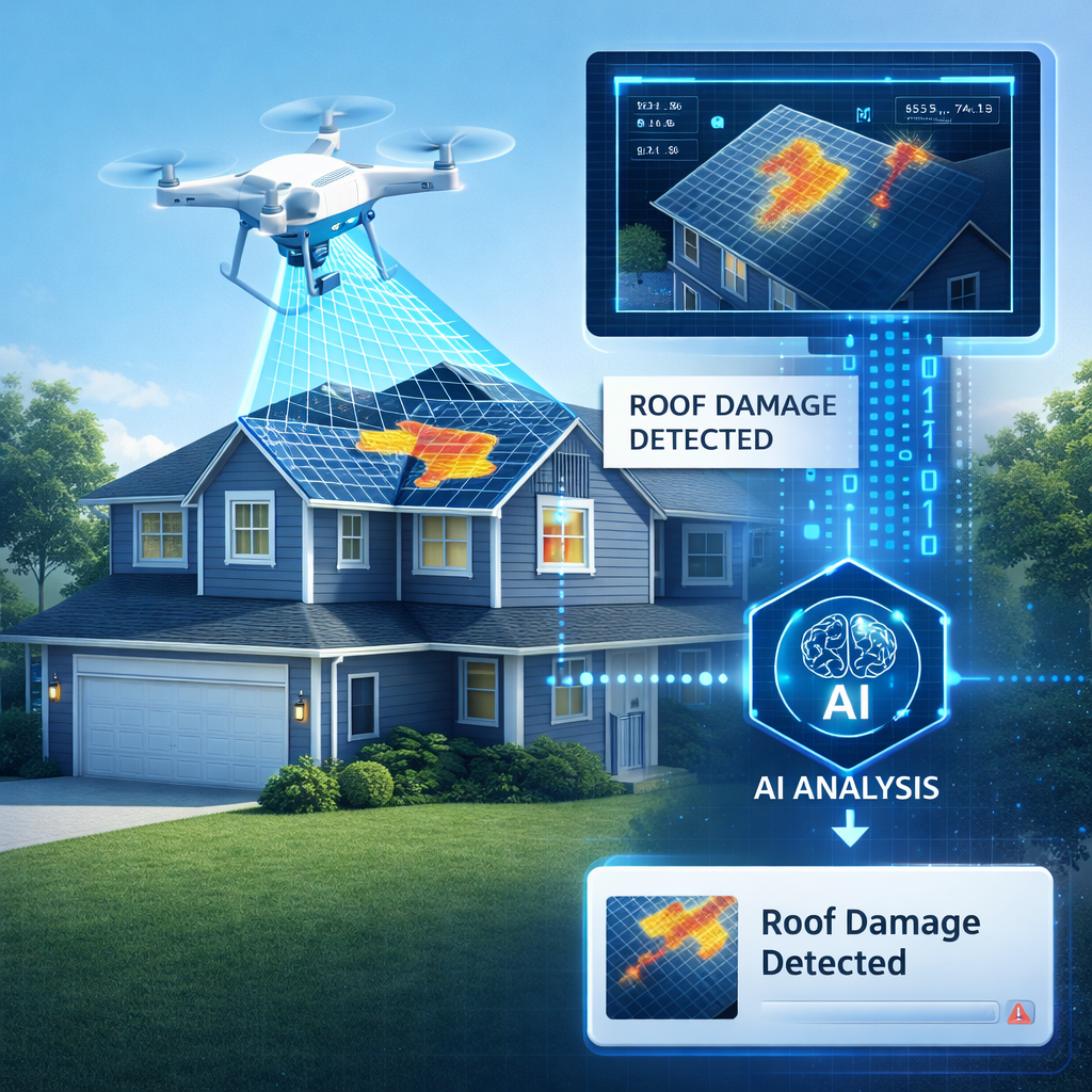 infographic showing drone-based property inspection and AI analysis workflow
