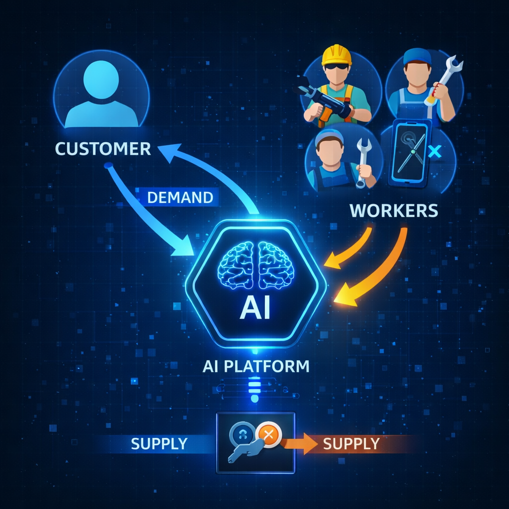 infographic showing automated service marketplace connecting labor, tools, and demand
