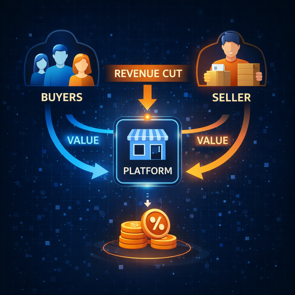 infographic showing platform business model connecting buyers and sellers
