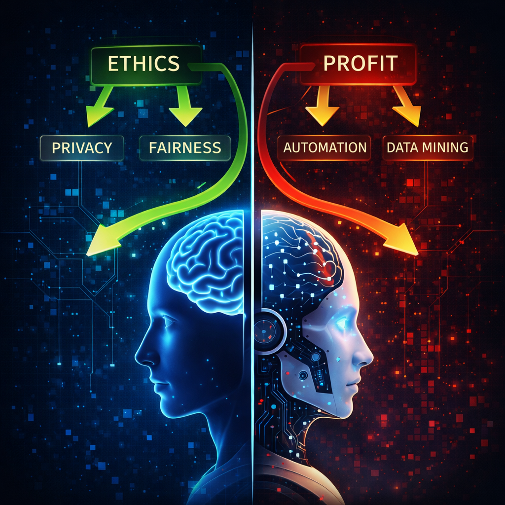 infographic showing AI optimizing profit vs human ethical decision making
